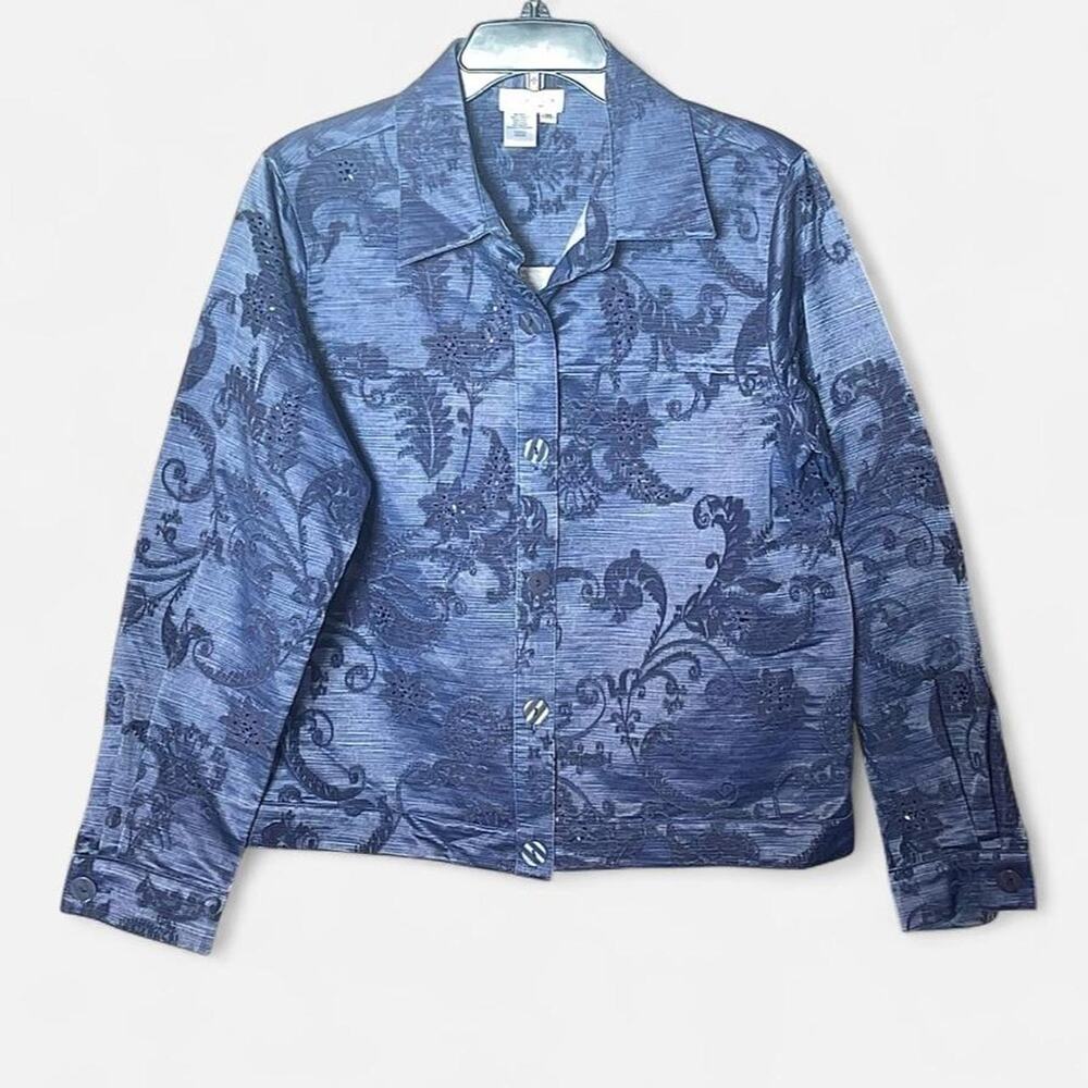Coldwater Creek Navy Embellished Jacquard Y2K Button Down Jacket – Size M